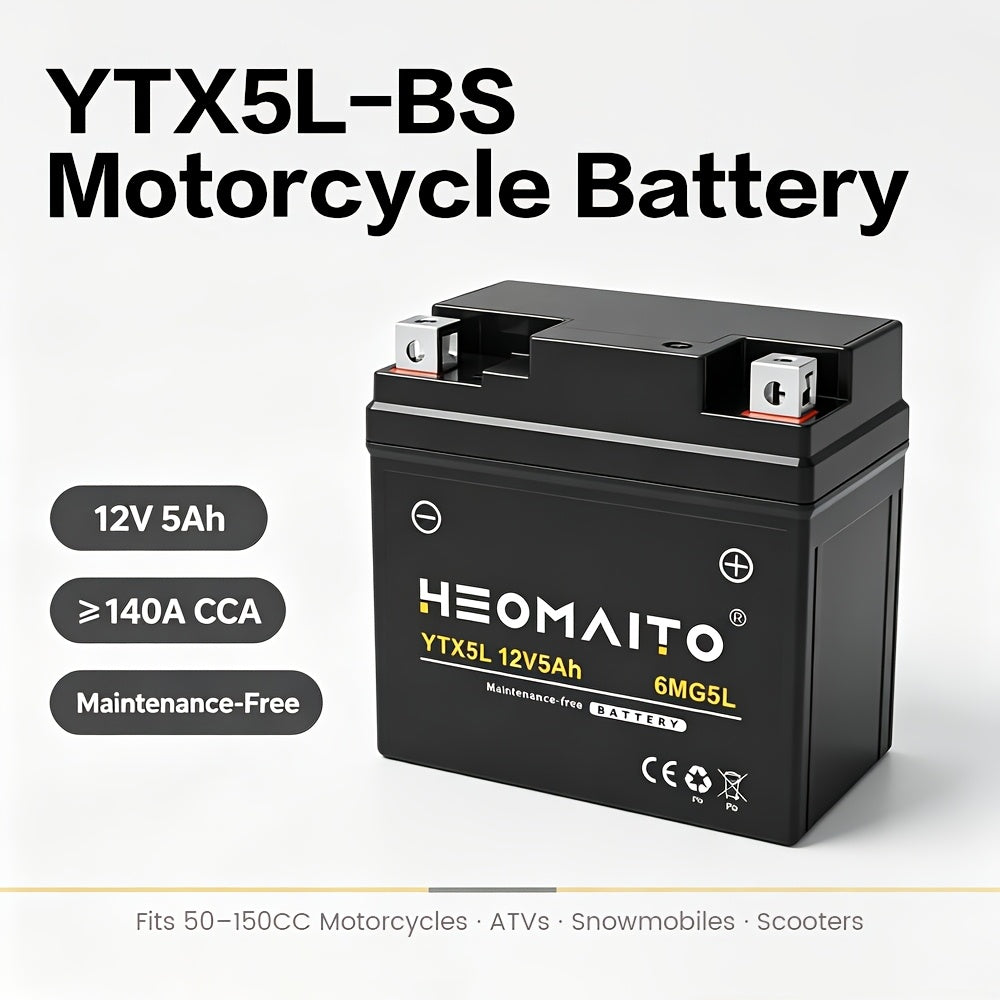 HEOMAITO 6MG5L-YTX5L 12V 5Ah Sealed Battery, Maintenance-Free Power, for AGM, Motorcycle CTX5L Battery for Honda YUASA for Yamaha ETX5L-B