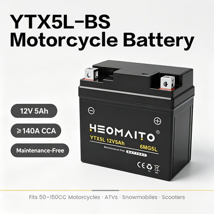 HEOMAITO 6MG5L-YTX5L 12V 5Ah Sealed Battery, Maintenance-Free Power, for AGM, Motorcycle CTX5L Battery for Honda YUASA for Yamaha ETX5L-B