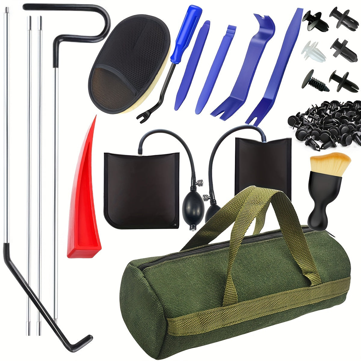 [Car Door Opener Kit] Emergency Car Door Opener Tool Kit, Universal Car Emergency Kit, Car Door-Unlocking Kit With Long Reach Grabber, Wedge Air Bag, Auto Trim Removal Tool Kit And Tool Bag Etc. Blue