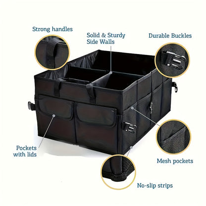 Large Capacity Car Trunk Organizer – Heavy-Duty Foldable Cargo Storage Box with Multi-Compartments, Non-Slip Base | Car, Truck, SUV