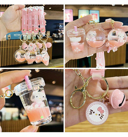 2D Flat, Cute KT Cat Quicksand Keychain Female Creative Cartoon Doll Student School Bag Pendant Car Key Chain Trinkets