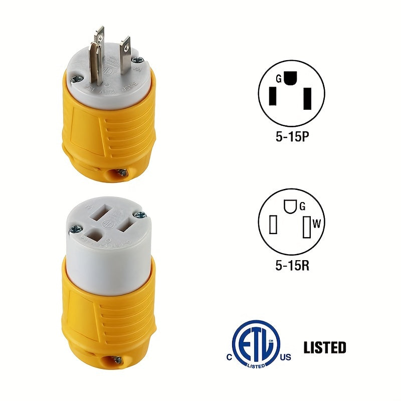 Set of 1/3/5 Male And Female Connectors, American Industrial RV Replacement Plug Set NEMA 5-15R 15A 125V, Straight Connector, Yellow Color, Without Battery RV Plugs, Inlets & Receptacles