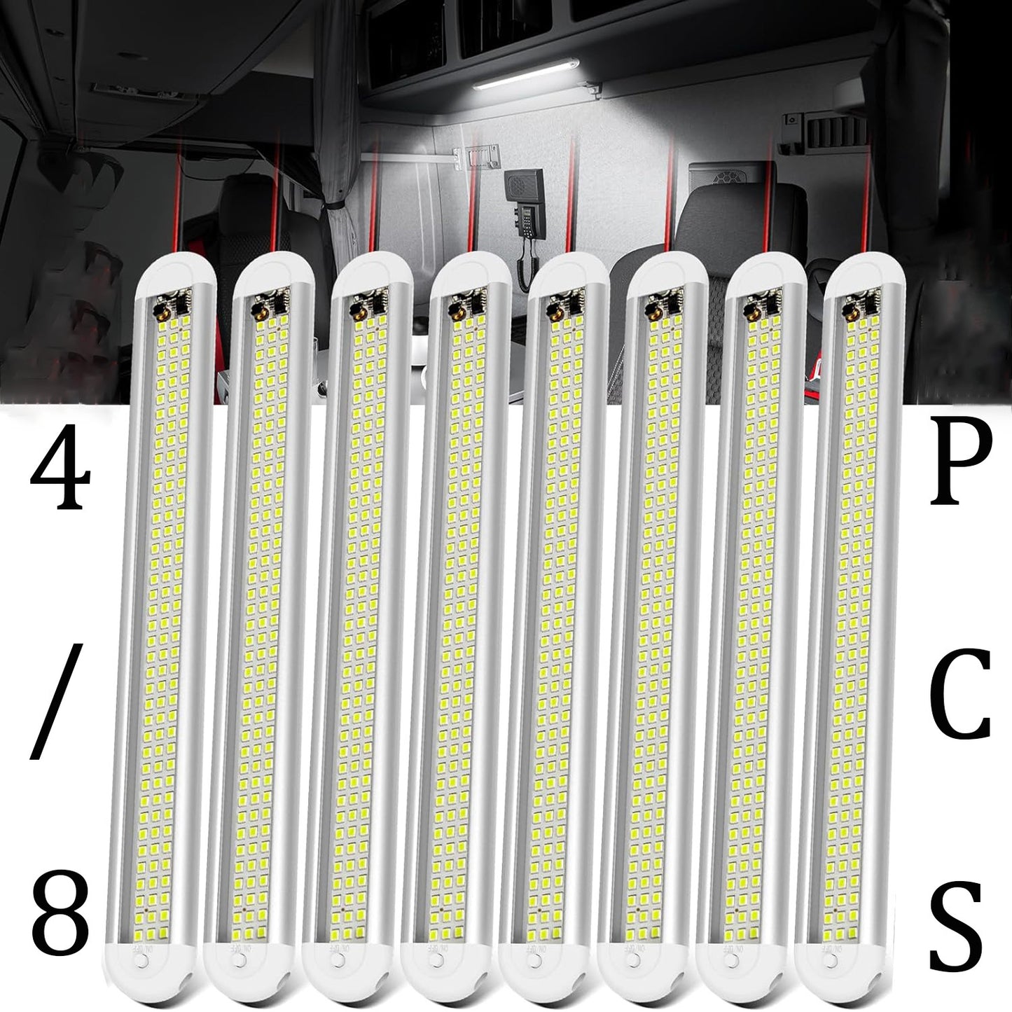 4/8pcs 12V LED Interior Light Bar | 120LEDs 1500LM 8W DC, with ON/OFF Switch, for Enclosed Cargo Trailer, RV Van, Truck, Lorry, Camper, Boat, Caravan, Without Battery