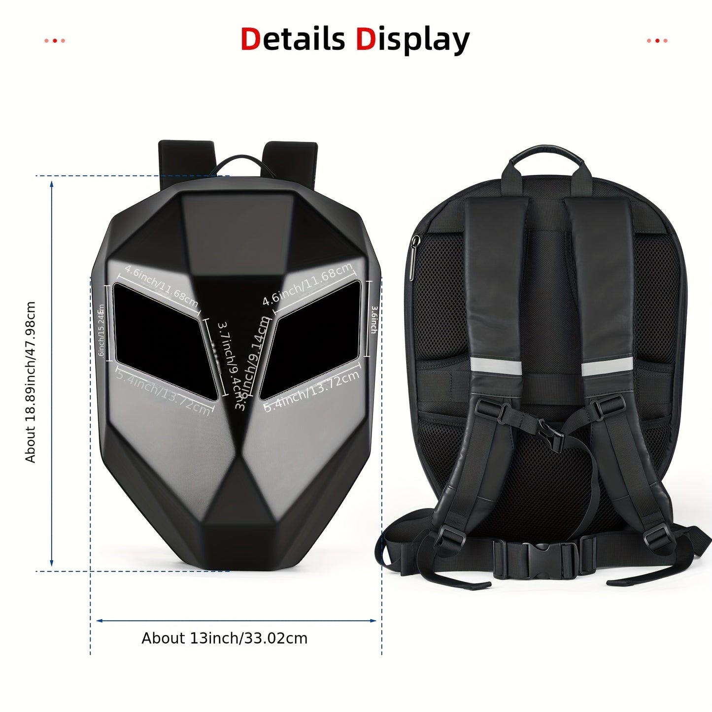 Gelrova Knight LED Motorcycle Backpack With Eye, Hard Case Riding Helmet Backpack Motorbike Laptop Bag, Large Size 19inch, USB Powered Gear (Power Bank Not Included), Black