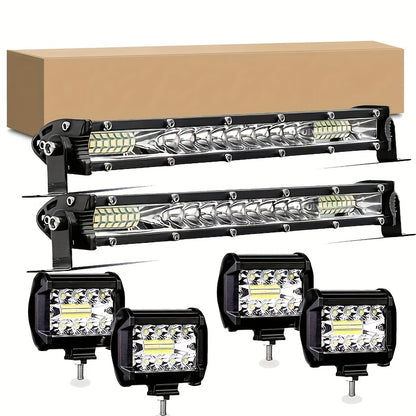 Ultra-Bright LED Light Bar & Work Light Combo Kit, White Light, Universal Fit for 4x4 Offroad Vehicles, Trucks, SUVs, ATVs - 2 Light Bars + 4 Pods Set