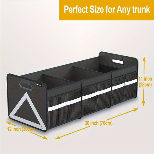 Heavy Duty Foldable Trunk Organizer with Multi Pockets & Reflective Stripe - Collapsible Storage for Car, SUV, Minivan, Trunk Space Saver, Easy Access Design, Secure Zipper Closure
