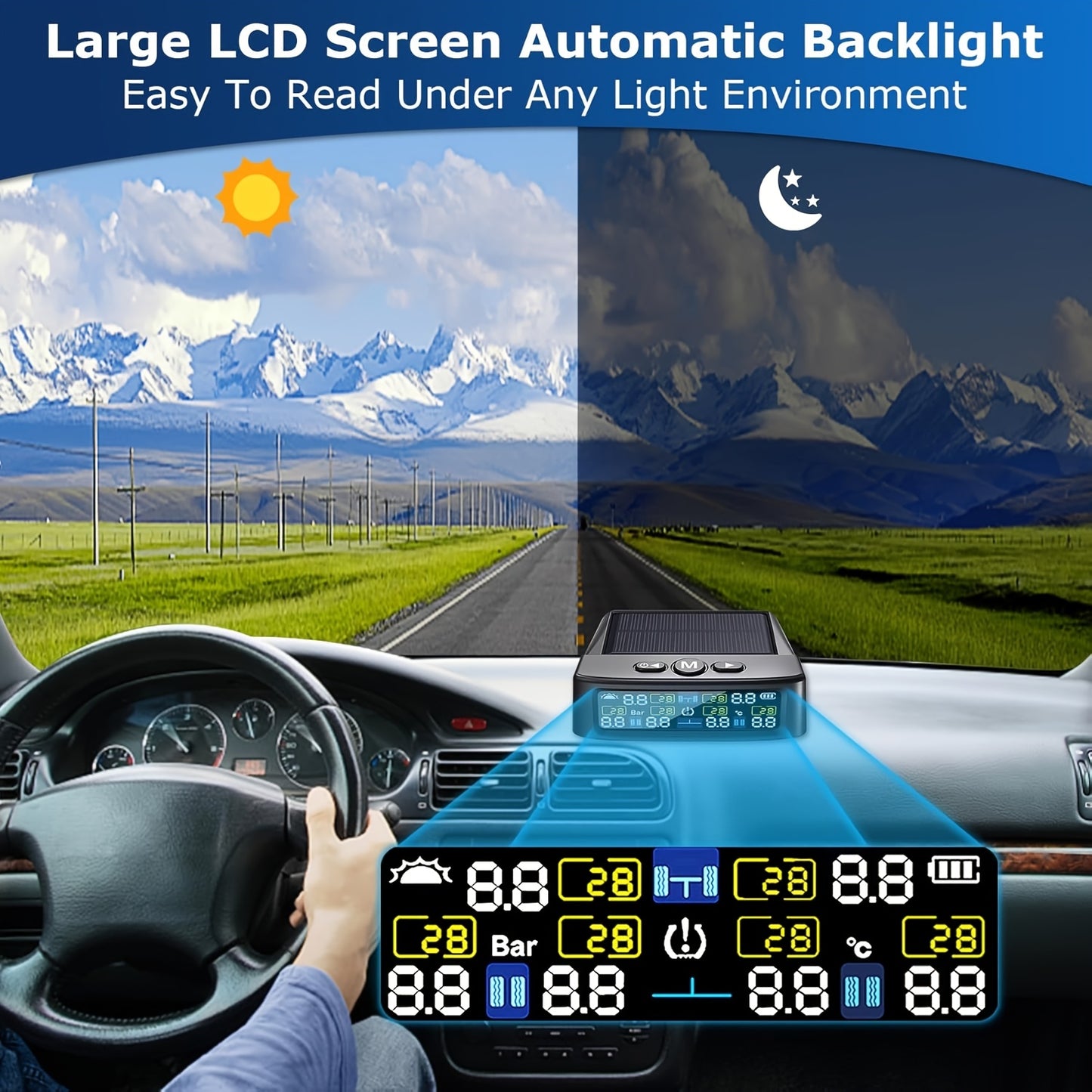 6-Wheel Tire Pressure Monitoring System, Solar Charging Tire Pressure Monitor, with 6 Sensors And 6 Alarm Modes, Real-Time Data Display Suitable for Trucks, Suvs, Vehicles, Enhanced Safety, Host solely Receives