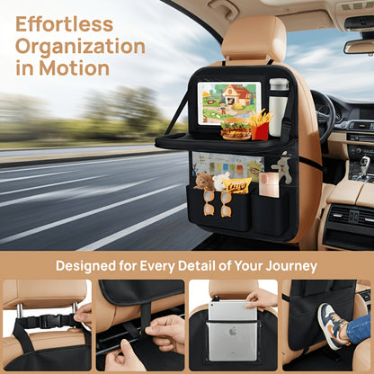Car Backseat Organizer with Tablet Holder, 6 Storage Pockets Car Storage Organizer with Foldable Food Tray, Protectors Kick Mats Travel Accessories-Black
