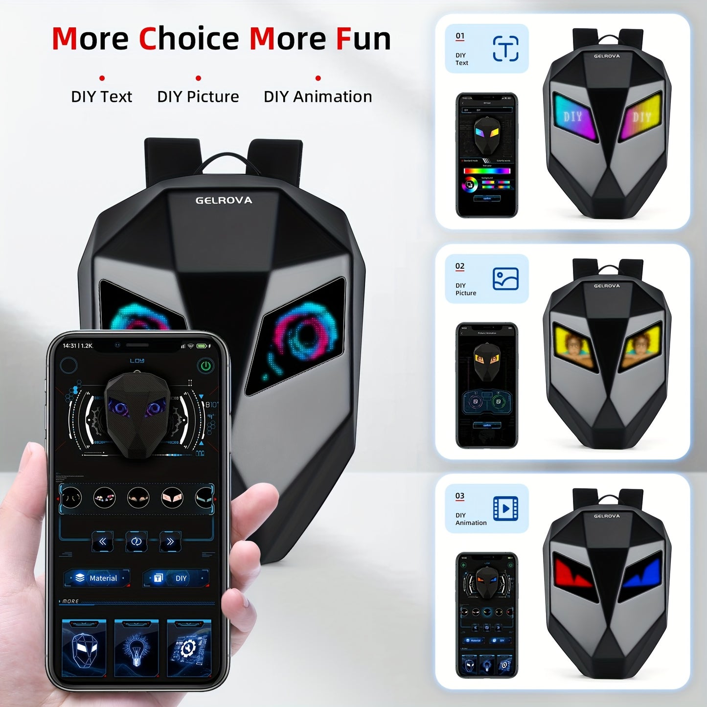 Gelrova Knight LED Motorcycle Backpack With Eye, Hard Case Riding Helmet Backpack Motorbike Laptop Bag, Large Size 19inch, USB Powered Gear (Power Bank Not Included), Black
