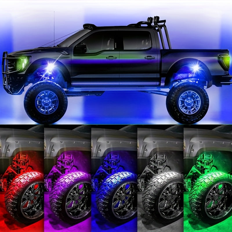 RGB-IC LED Rock Light Kit 4 or 8 Pods, APP & RF Control, Chasing Dream Color Underglow Downlight with Music Mode, 12V for Truck UTV Golf Cart Off-Road Vehicle