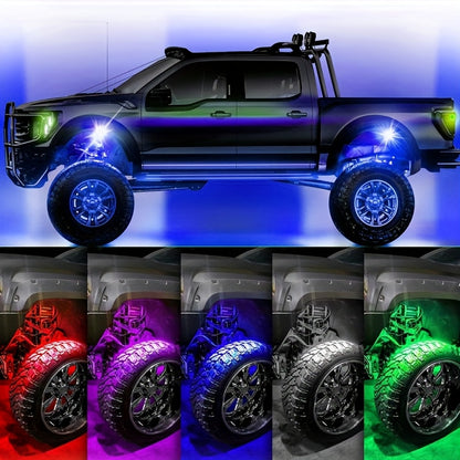 RGB-IC LED Rock Light Kit 4 or 8 Pods, APP & RF Control, Chasing Dream Color Underglow Downlight with Music Mode, 12V for Truck UTV Golf Cart Off-Road Vehicle