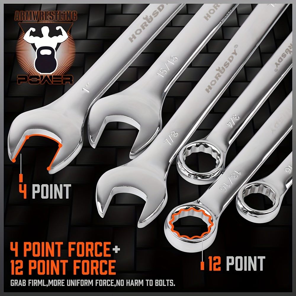 32pcs Combination Wrenches Featuring Both Box And Open Ends, Suitable for Standard Sizes in SAE And Metric Ranging from 1/4" to 1" And 7Mm to 22Mm, Made from Chrome Vanadium Steel And Comes with a Case