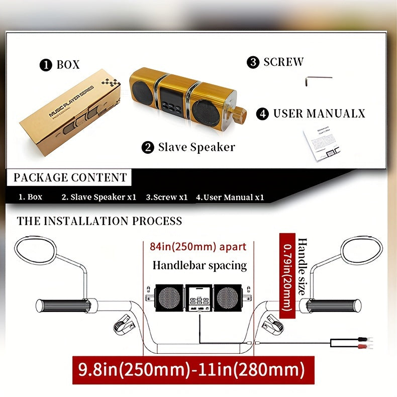 KORBROS Motorcycle Sound Bar With Built-in Amplifier - Wireless, IPX5 Waterproof, USB & AUX Inputs, FM Radio, 12V Metal MP3 Player For Off-Road Bikes, Without Battery