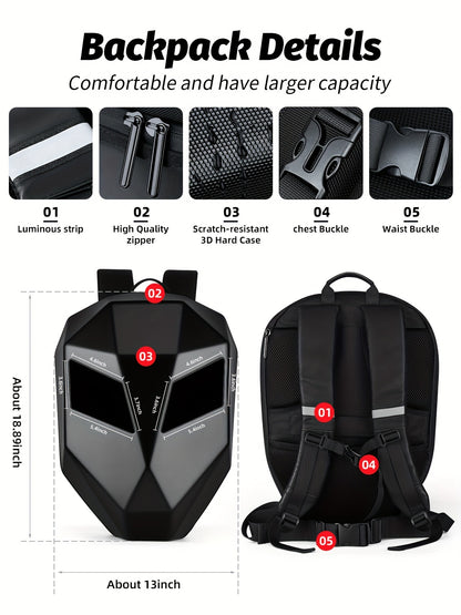 Gelrova Knight LED Motorcycle Backpack With Eye, Hard Case Riding Helmet Backpack Motorbike Laptop Bag, Large Size 19inch, USB Powered Gear (Power Bank Not Included), Black