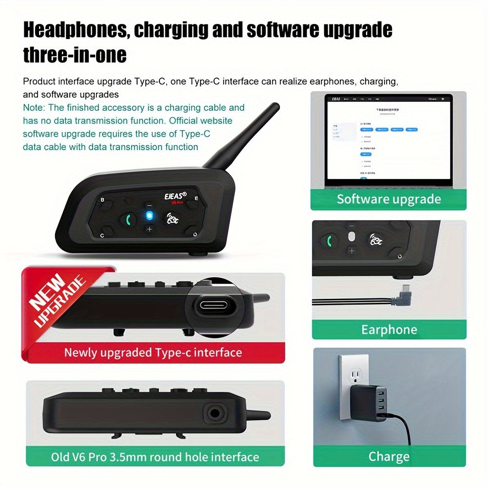 EJEAS V6 PRO+ Motorcycle Helmet Intercom 2-Pack – Bluetooth 5.0, 800M Range, 6-Rider Group, Type-C Charging