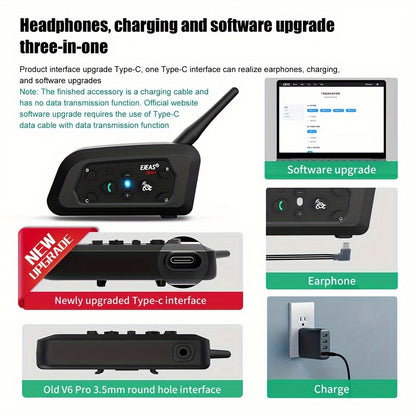 EJEAS V6 PRO+ Motorcycle Helmet Intercom 2-Pack – Bluetooth 5.0, 800M Range, 6-Rider Group, Type-C Charging