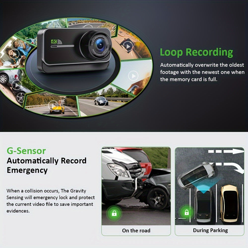 4K Dashboard Camera for Vehicles with WIFI, Video Recording Capabilities, Rear View Camera, Night Vision, And Parking Monitoring (Includes 64GB Memory Card)