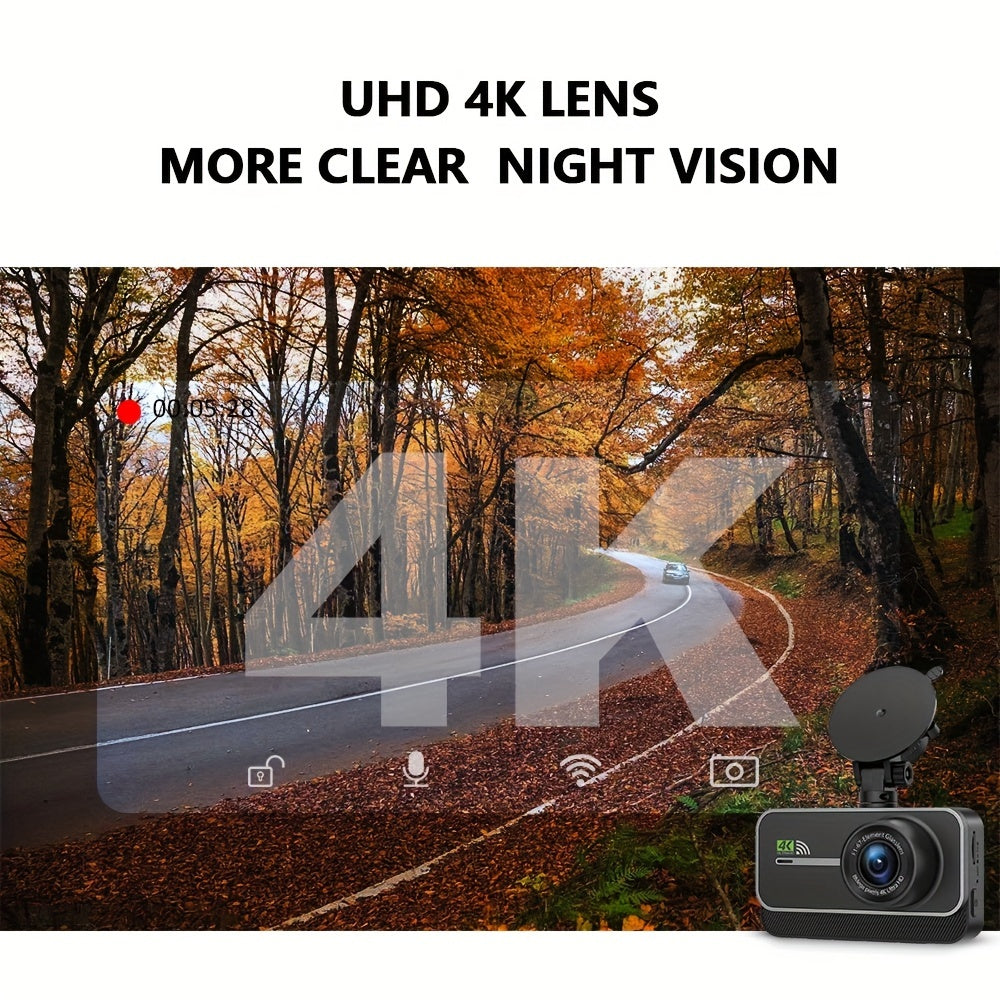 4K Dashboard Camera for Vehicles with WIFI, Video Recording Capabilities, Rear View Camera, Night Vision, And Parking Monitoring (Includes 64GB Memory Card)
