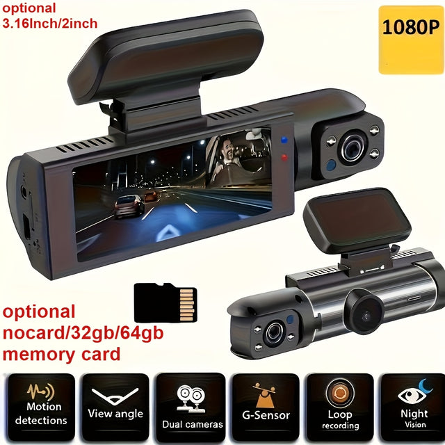 1080P Dual Dash Cam Front and Inside Car Camera, IR Night Vision Loop Recording, Wide Angle Dual Lens Dashboard DVR, Optional 32GB/64GB Card, 2" or 3.16" Screen