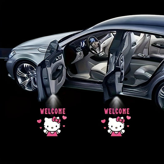 Set of 2 Sanrio Hello Kitty Car Door Lights, Featuring LED Projectors That Display a Cartoon Love Design. These Wireless LED Lights Create a Shadow Effect And Serve As Car Additions, Without Battery