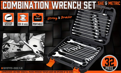 32pcs Combination Wrenches Featuring Both Box And Open Ends, Suitable for Standard Sizes in SAE And Metric Ranging from 1/4" to 1" And 7Mm to 22Mm, Made from Chrome Vanadium Steel And Comes with a Case