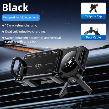 Wireless Charging Phone Holder Car Mount for Folding Screen/Universal Smartphone, 90° Rotating Car Mount Output Power 15W, Super Stable Air Vent Cell Phone Car Mount with Hook Clip, One Button Release for iPhone, Samsung, Google, and Other Smartphone