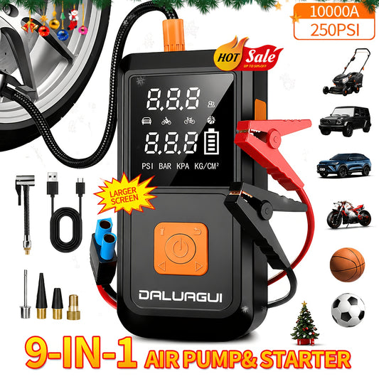 Emergency Power Supply Air Pump, 10000A, Large Screen Digital Display, 250PSI Jump Starter, Compatible with All Car Models, USB Fast Charge, LED Emergency Lighting, Portable 10-liter Gasoline Or 9.0-liter Diesel Engine, with EVA Bag