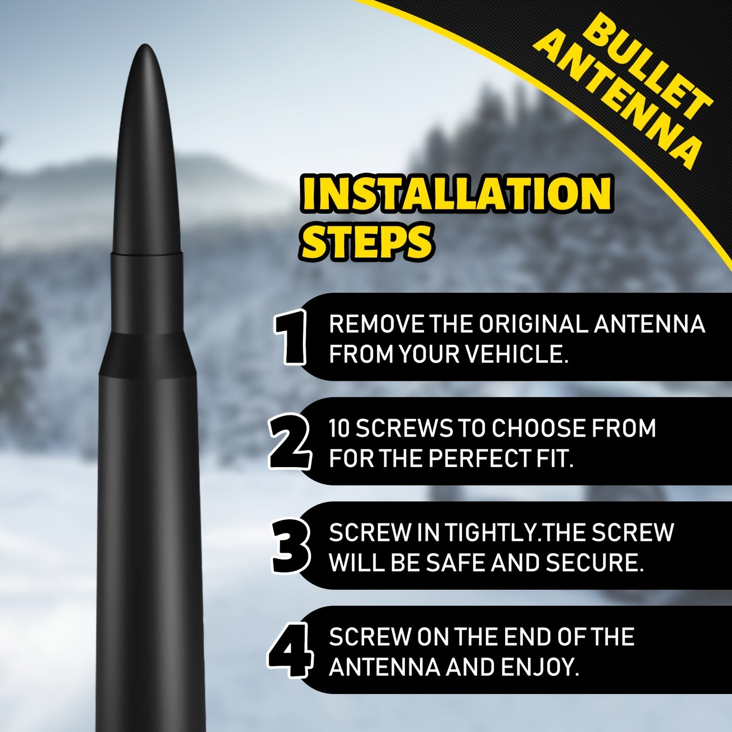 Universal 50 Cal Bullet Antenna for Truck | Compatible with Chevy Silverado, for Ford Bronco F150, for Ram 1500, for GMC Sierra, for Jeep for Wrangler, for Toyota Tundra | Black 5.3 Inch, Aluminum Alloy Material, Without Battery