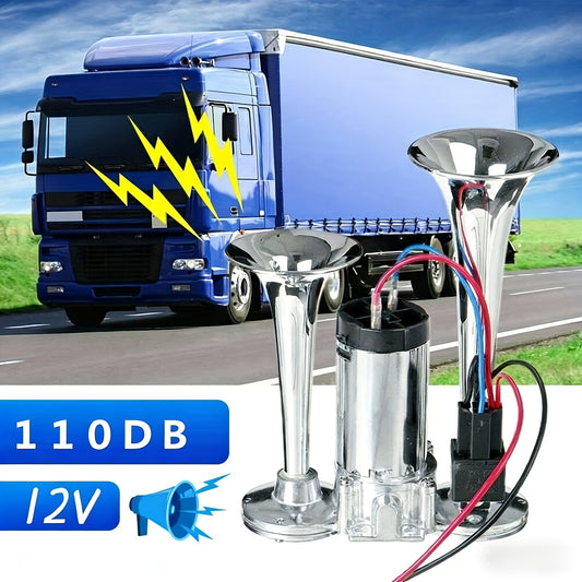 New 12V 110dB Dual Trumpets Electric Horn Super Loud Air Horn Car Horns Kit with Compressor Replacement for Truck for Boat for Train for Speaker for Cars for Van for Ship Chrome