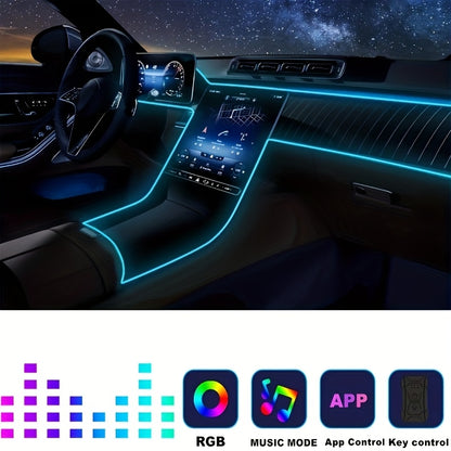 RGB Car Interior LED Light Kit, USB Powered with App & Remote Dual Control, Music Sync Fiber Optic Strip Lights for Dashboard & Door, Battery-Free Ambient Atmosphere Christmas Decorative Lighting, Easy Installation, DIY Car Mod