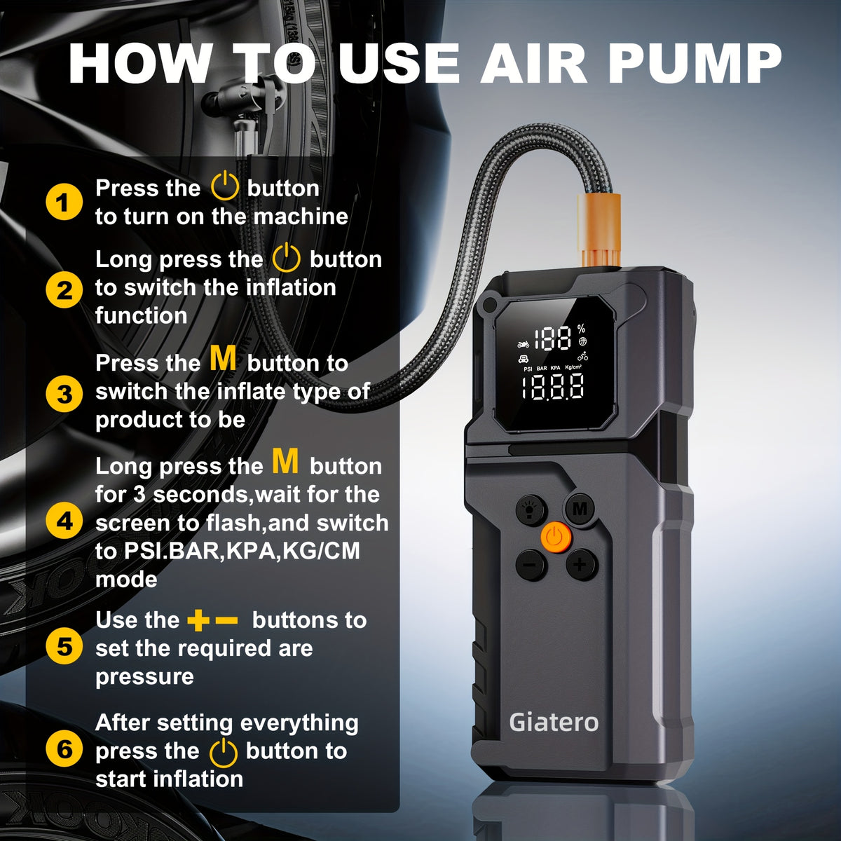 Jump Starter with Air Compressor 10000A 160PSI, 8000mAh Portable Battery Pack for Gas 3.7G & Diesel 3.17G, USB-C QC3.0, 3-Mode Flashlight, Large Display — Giatero Q27