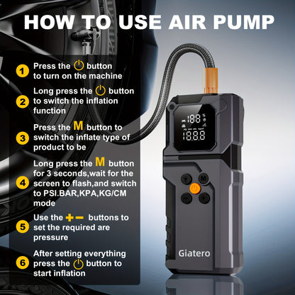 Jump Starter with Air Compressor 10000A 160PSI, 8000mAh Portable Battery Pack for Gas 3.7G & Diesel 3.17G, USB-C QC3.0, 3-Mode Flashlight, Large Display — Giatero Q27