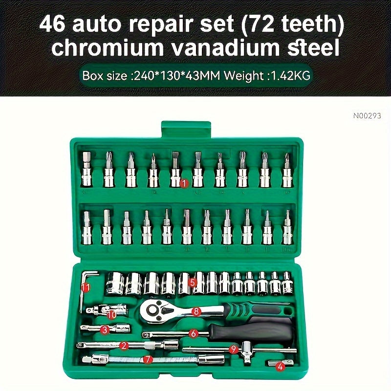 46pcs 1/4" Drive Socket Ratchet Wrench Set With Storage Case, With Reversible Ratchet, Includes Metric Socket Set And Extension For Automotive Repair And Home Maintenance