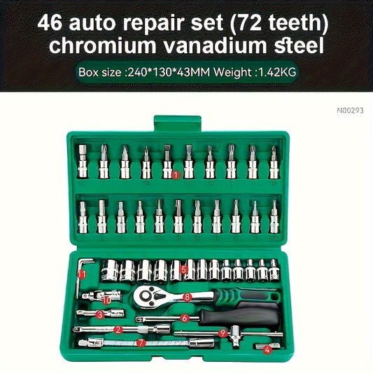 46pcs 1/4" Drive Socket Ratchet Wrench Set With Storage Case, With Reversible Ratchet, Includes Metric Socket Set And Extension For Automotive Repair And Home Maintenance