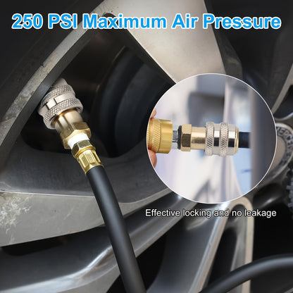Two Brass Tire Valves with a Closed-End Design, Featuring a 1/4 Inch Female Thread And a Quick-Connect Mechanism, Capable of Handling a Maximum Pressure of 250 PSI. They Are Made from a Durable Alloy And Are Compatible with Cars, Trucks, Bicycles