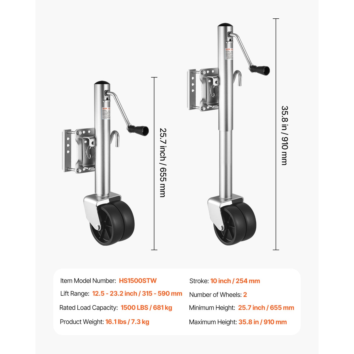 VEVOR Boat Trailer Jack Marine Heavy Duty Swivel Mount Tongue Jack 1000 lbs/1500lbs Load Single wheel / Double wheel