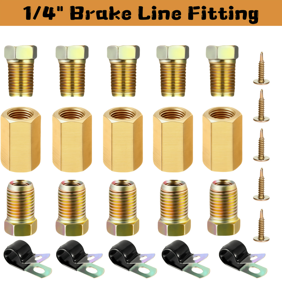 Brake Line Fittings Assortment – 3/16" 1/4" 5/16" 3/8" Tube, Inverted Flare Union Connectors, Multiple Thread Sizes with Hose Clamps
