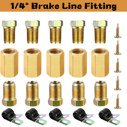 Brake Line Fittings Assortment – 3/16" 1/4" 5/16" 3/8" Tube, Inverted Flare Union Connectors, Multiple Thread Sizes with Hose Clamps