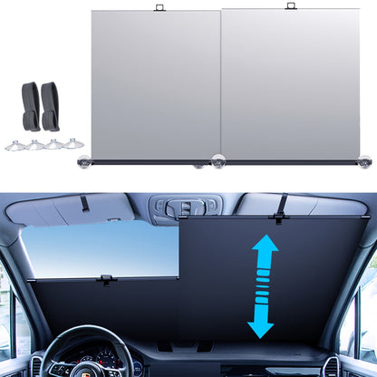 New Automatic Retractable Car Windshield Sunshade - Foldable Front Window Sunshade Blocks 99% of UV Rays And Heat, Fits Most Cars, Features a Easy Rolling Mechanism And Suction Cups (1 Pair)