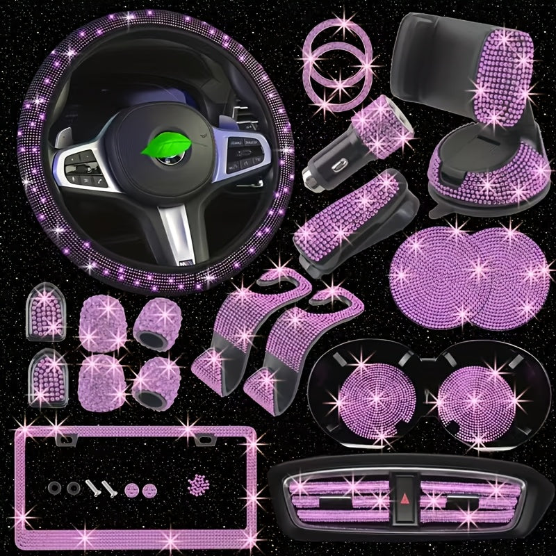27pcs Bling Car Accessories Set for Women, Bling Steering Wheel Covers Universal Fit 15 Inch, Bling Car Coasters, Bling License Plate Frame, Car Phone Holder