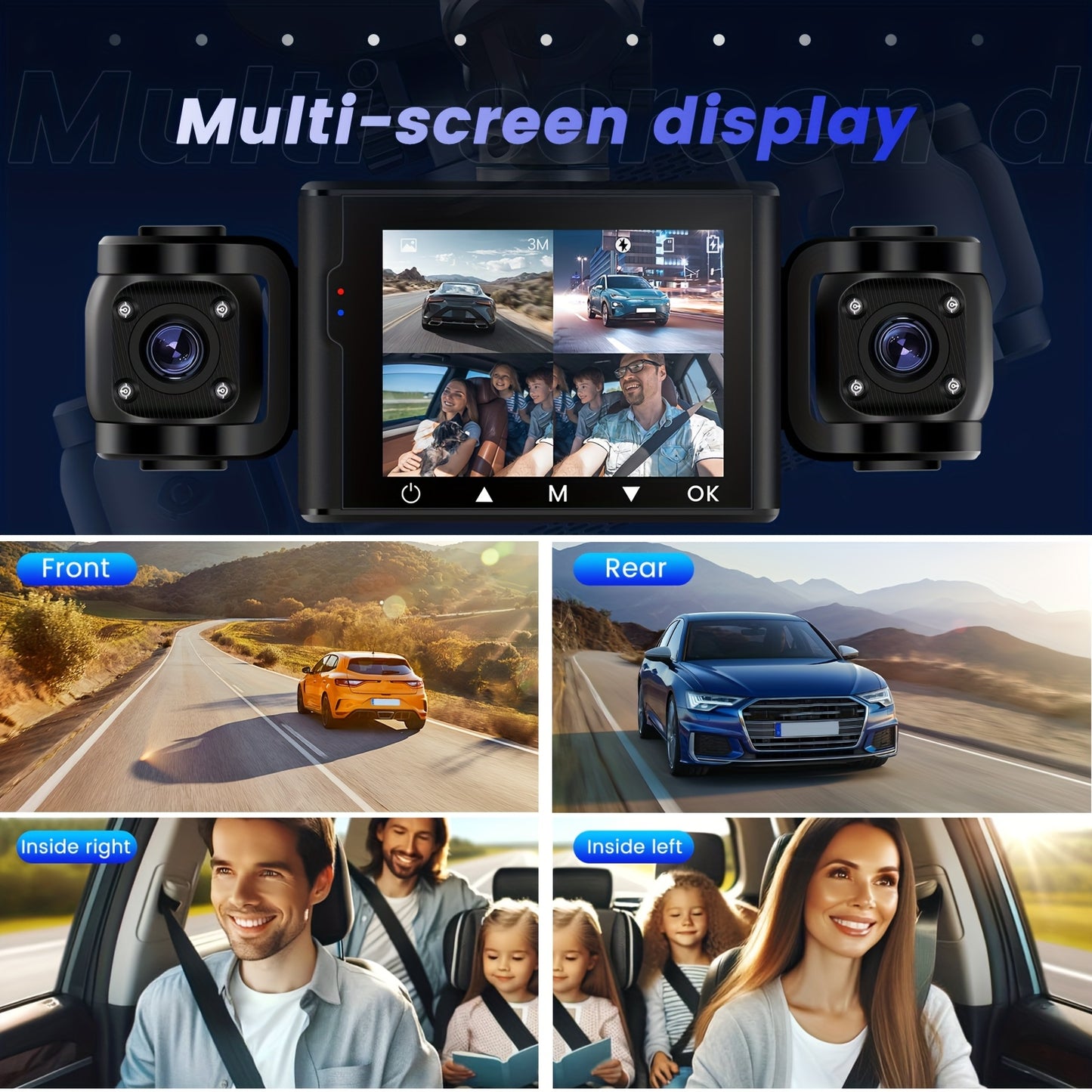 Black Friday Offer, 2.4-Inch 1080P Car Camera, Four-Channel Recording, Three-Screen HD Car Camera, Features 480P Images from Left, Right, And Rear, Plus Motion Detection, Night Vision, And Wide Dynamic Range, Optional 64GB Memory Card
