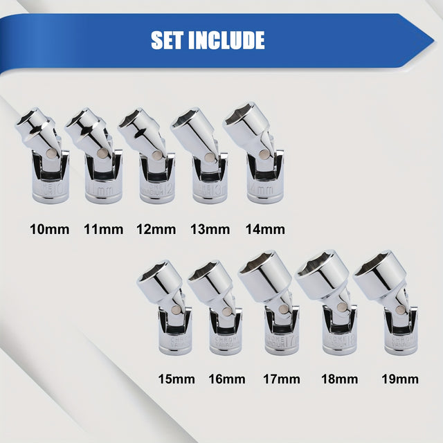 10-Piece 3/8" Drive Universal Flex Socket Set – Metric 10–19mm, 6-Point Swivel Wobble Sockets, Chrome Vanadium (50BV30), Mirror Chrome Finish