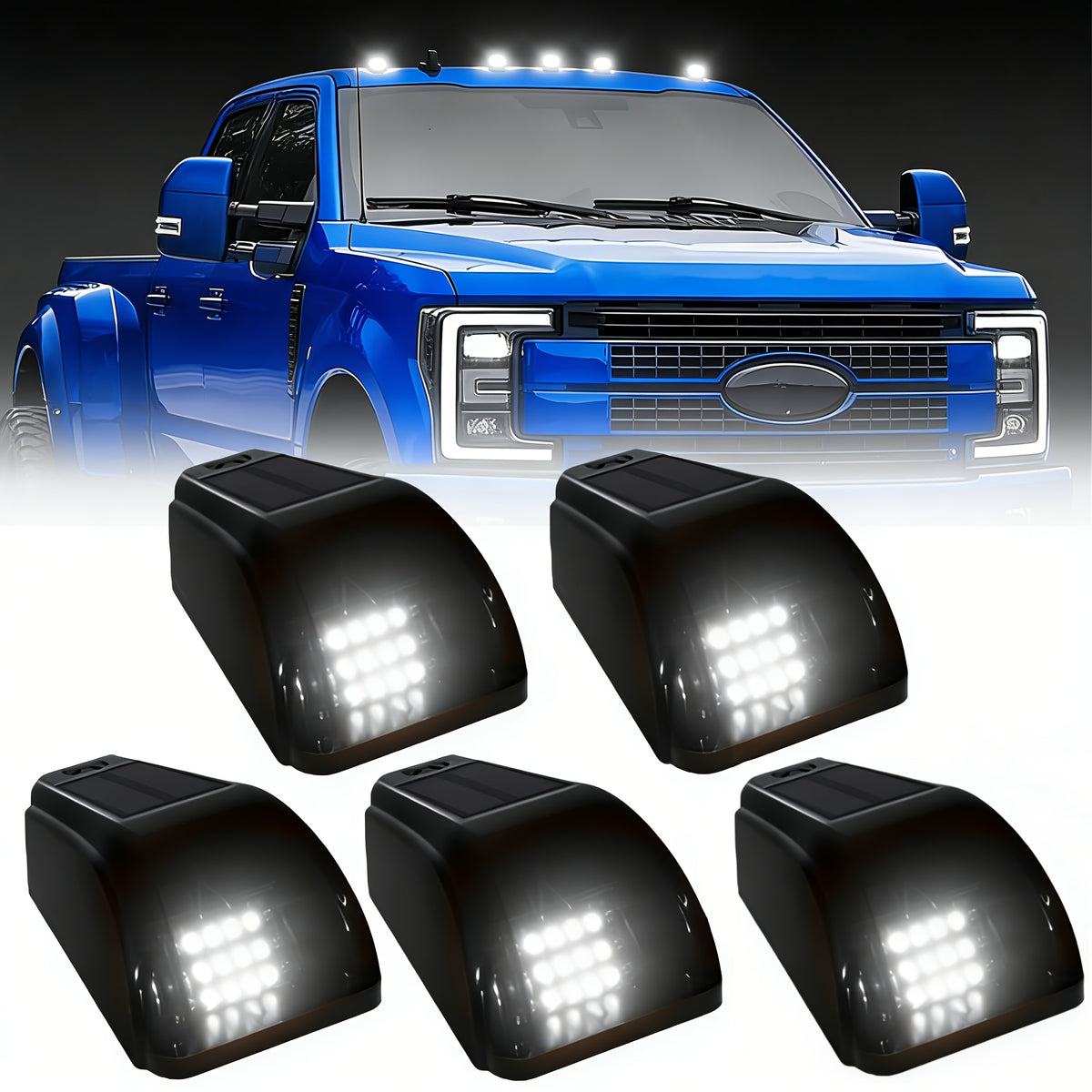 Solar Powered Cab Roof Lights 5-Pack Wireless 16 LED Amber Truck Marker Lights Motion Vibration Sensor No-Drill No-Wire Universal Fit
