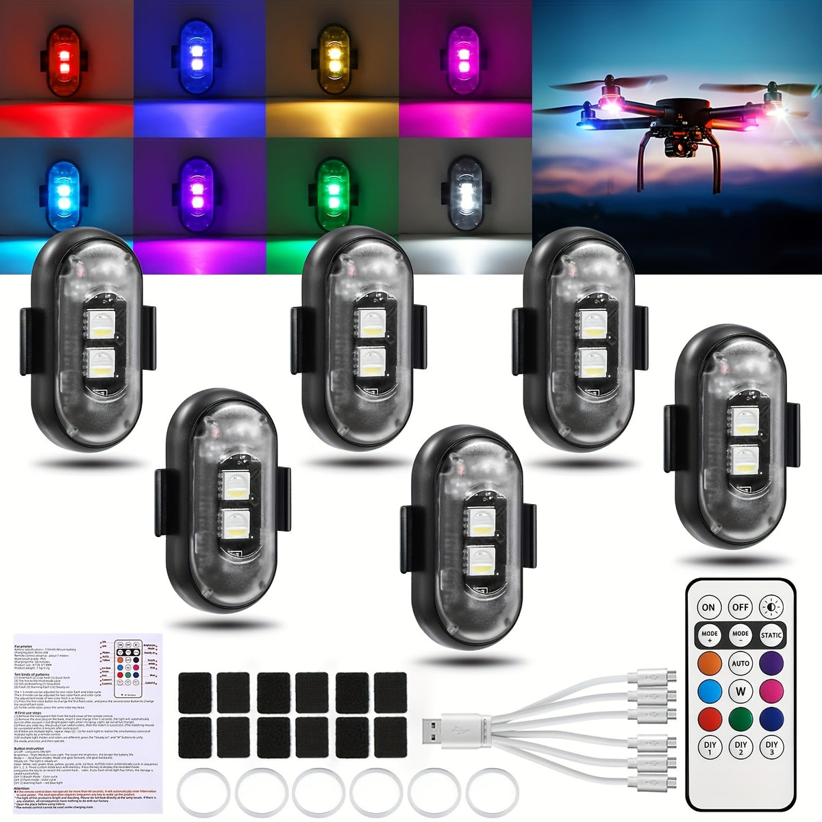 Wireless LED Lights for Vehicles 6 or 8 Pack with Remote Control 8 Colors USB Rechargeable for Car Interior Truck Motorcycle Bicycle Drone Universal Fit