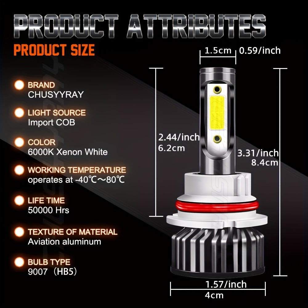 2pcs 9008/ H13 LED Headlight High/ Low Beam Bulbs Kit 12V 80W 6000K Cool White 27000LM Tow-Sided Ultra Bright COB Chip Plug And Play, Without Battery