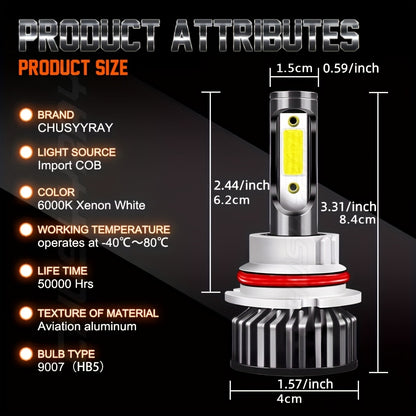 2pcs 9008/ H13 LED Headlight High/ Low Beam Bulbs Kit 12V 80W 6000K Cool White 27000LM Tow-Sided Ultra Bright COB Chip Plug And Play, Without Battery