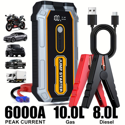 6000A Peak All-in-One Heavy-Duty Jump Starter with USB Ports & LED Flashlight - 12V Lithium-Ion Fast-Charging Portable Power Bank, Compact & Portable with Safety Hammer, 12V for Cars, SUVs, Trucks, Motorcycles, Boats, RVs, ATVs, Emergency Use