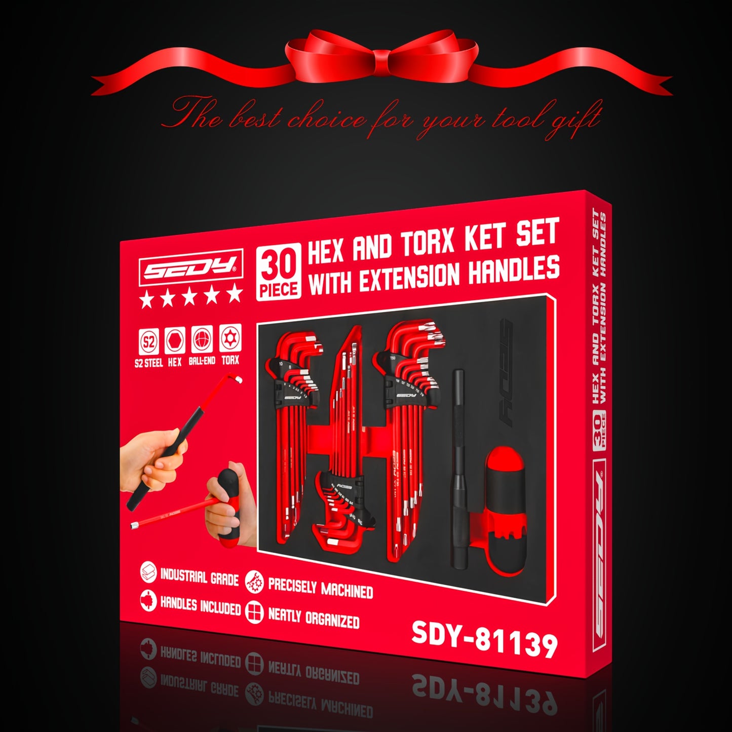 30pcs Long Arm Ball End L-Hex & Torx Key Set with Grip Handle, Ultimate Hex Key Wrench Set with T-Handle And Extension Bars, SAE 1/16" to 3/8", Metric 1.5mm to 10mm, Torx T10 to T50 Father's Day Gift for Dad Husband DIY Lovers