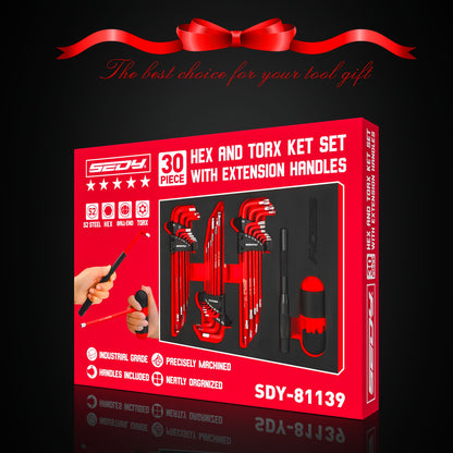 30pcs Long Arm Ball End L-Hex & Torx Key Set with Grip Handle, Ultimate Hex Key Wrench Set with T-Handle And Extension Bars, SAE 1/16" to 3/8", Metric 1.5mm to 10mm, Torx T10 to T50 Father's Day Gift for Dad Husband DIY Lovers