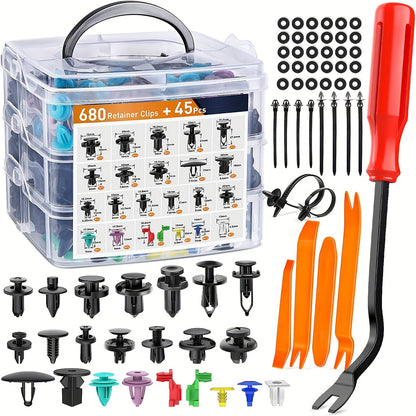 680pcs+ 45pcs Of Tools, Universal Automotive Bumper Fixing Clips, Car Door Panel Clips, Push Fender Rivet Expansion Screws Replacement Kit, Automotive Fastener Assembly with Fastener Removal Tools